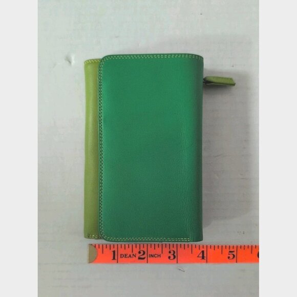 Italian Mywalit Tri-Fold Leather Wallet Coin Pouch Green Yellow Elephant Logo - Picture 8 of 8